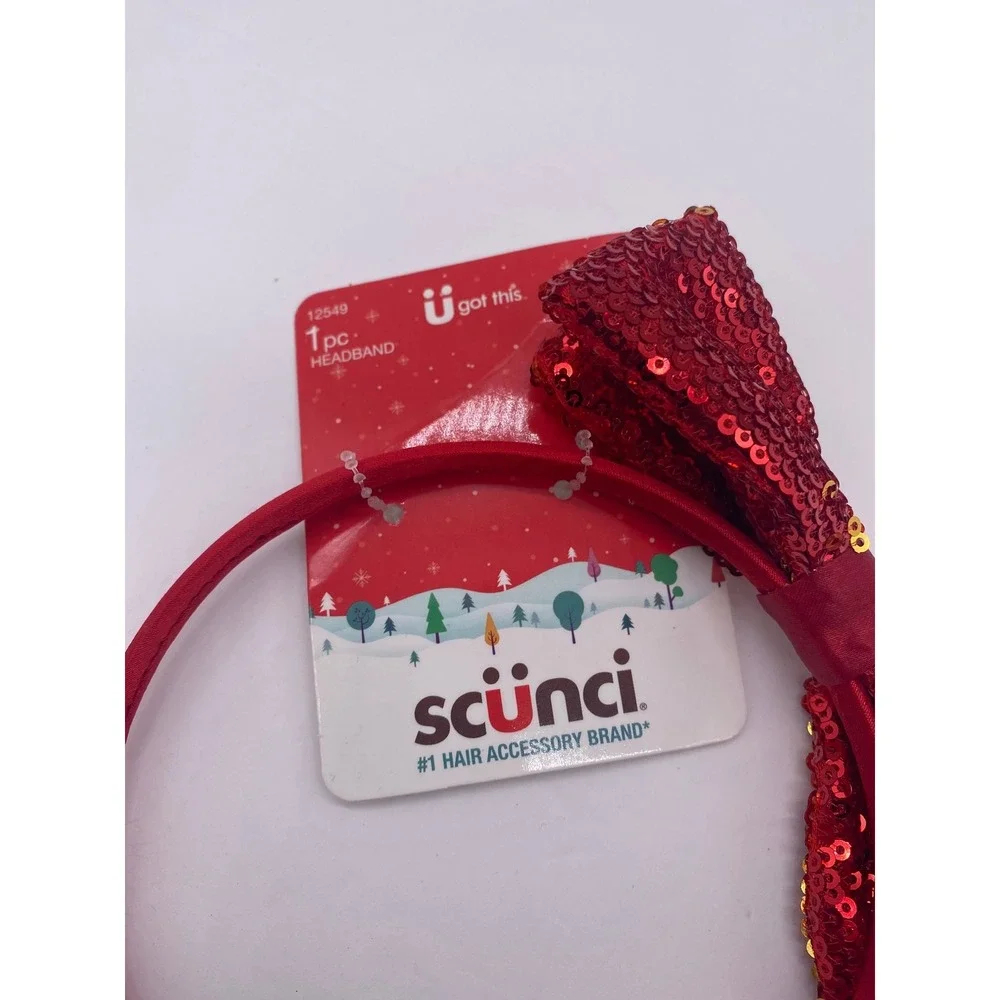 Scunci Red Sequin Bow Headband Girls OS Red Holiday Christmas Party‎ Sparkle